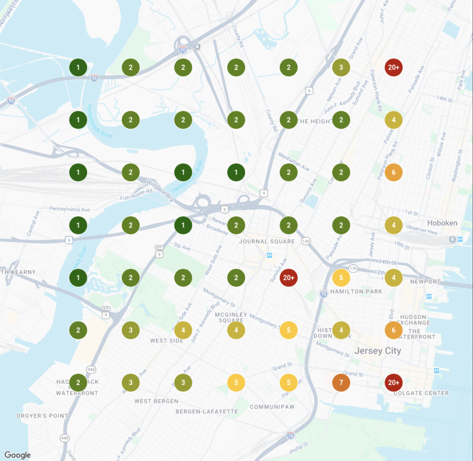Local Falcon geo-grid showing a DK Consulting client ranking in the top 3 across the map for a competitive local search